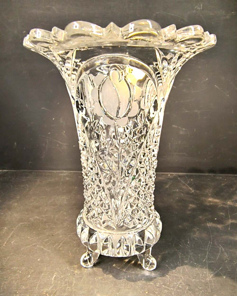 2288. Vintage European Leaded Crystal 3 Legged Tulip Vase Original Foil Sticker